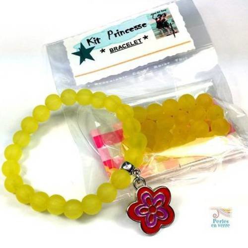 Kit princesse! un bracelet perles jaunes breloque fleur émaillée  (kit102) 