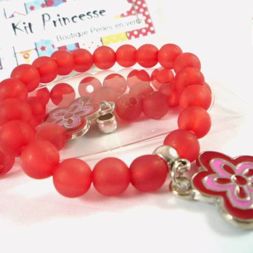 Kit princesse! un bracelet perles rouges breloque fleur émaillée  (kit51) 