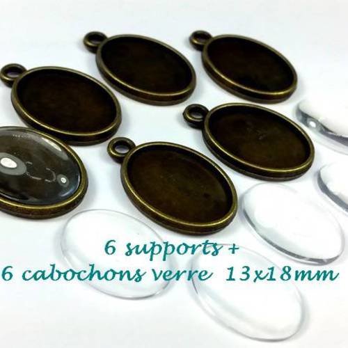 6 supports  bronze + 6 cabochons en verre 13x18mm, sans nickel (su33) 