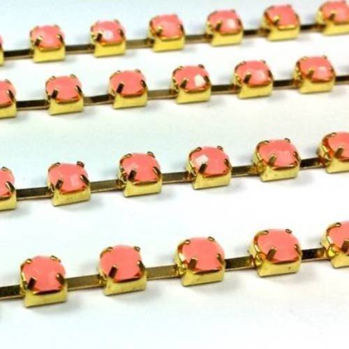 40 cm chaîne laiton doré et strass résine rose corail, 4x4mm (ch37) 