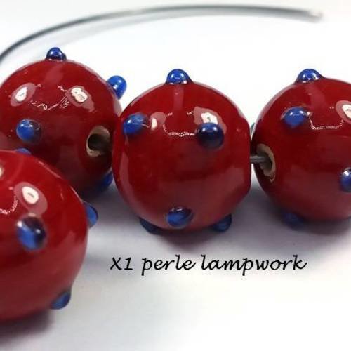 1 perle verre lampwork rouge foncé picots bleus 14x16mm, artisanat indien (pv586) 