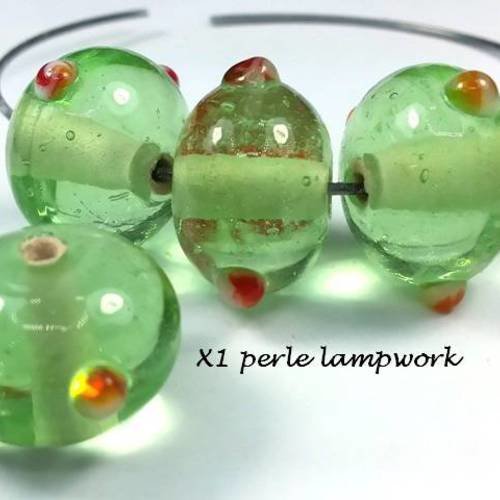 1 perle en verre lampwork vert/orange 13x19mm, artisanat indien (pv582) 