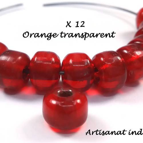 12 perles orange transparent en verre artisanal indien, 6x9mm (pv576)