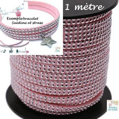 1 m de ruban suédine rose avec strass argentés 2 rangs, pour bracelet, 5mm (fil99) 
