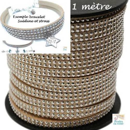 1 m de ruban suédine taupe avec strass argentés 2 rangs, pour bracelet, 5mm (fil98) 