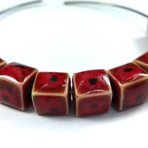 10  cubes céramique rouge brique moucheté brun, 8x9mm (pc147) 