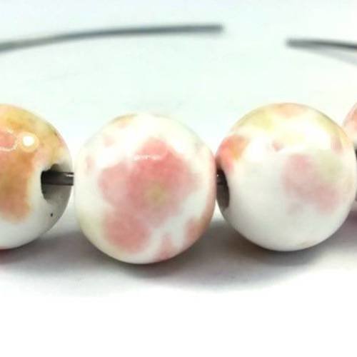 Rose / blanc / brun: 10 perles en céramique 10mm (pc143) 