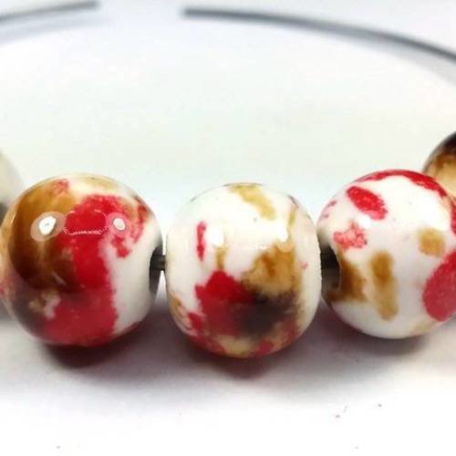 Rouge / blanc / brun: 10 perles en céramique 10mm (pc142) 
