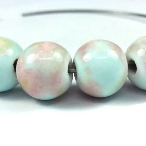 Bleu ciel / rose : 10 perles en céramique 10mm (pc139) 