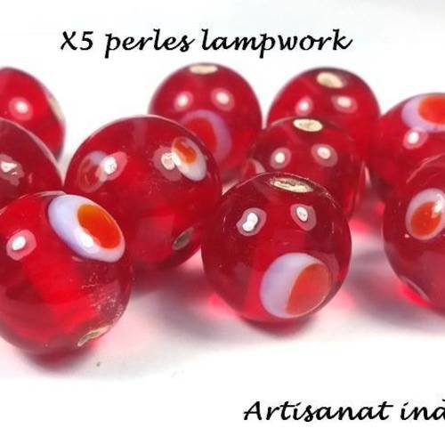 5 perles en verre lampwork rouges à pois, 13 à 15mm, artisanat indien (pv556) 
