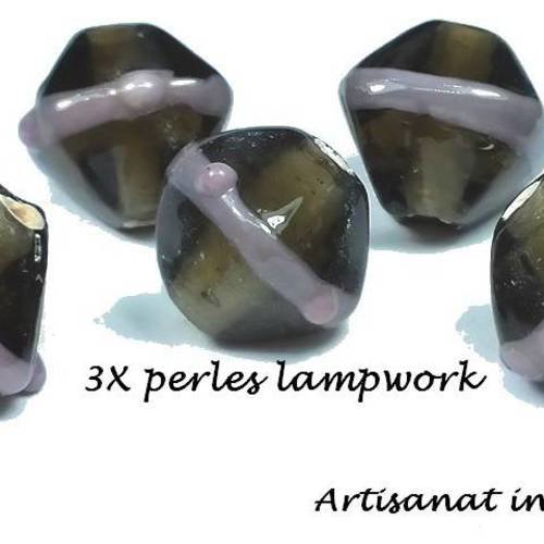 3 perles en verre lampwork toupies gris/parme, artisanat indien (pv555) 