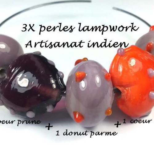 3 perles en verre lampwork violet/orange, artisanat indien (pv554) 