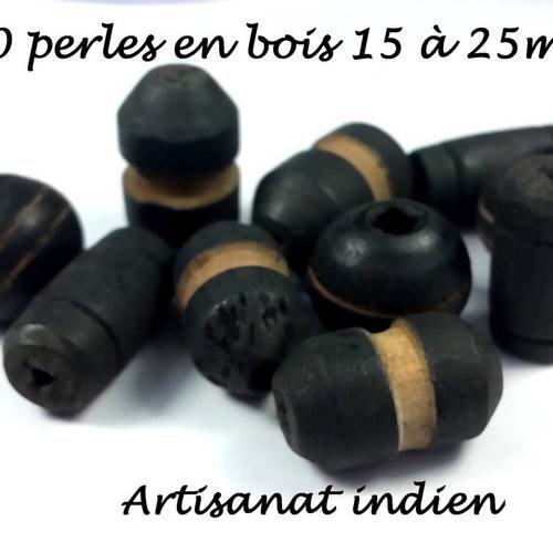 10 grosses perles noires en bois, artisanat indien, 15 à 25mm (pb28) 