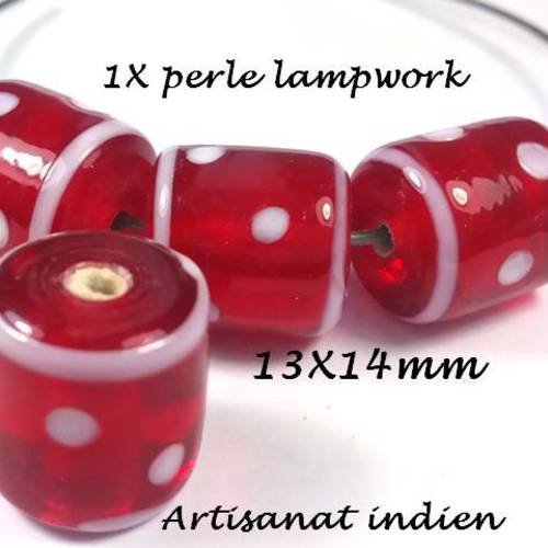 1 perle en verre lampwork tonneau rouge pois blancs 13x14mm, artisanat indien (pv533) 