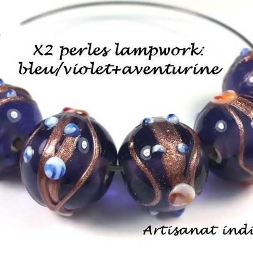 2 perles lampwork beige/violet+aventurine, artisanat indien, 15mm (pv529) 