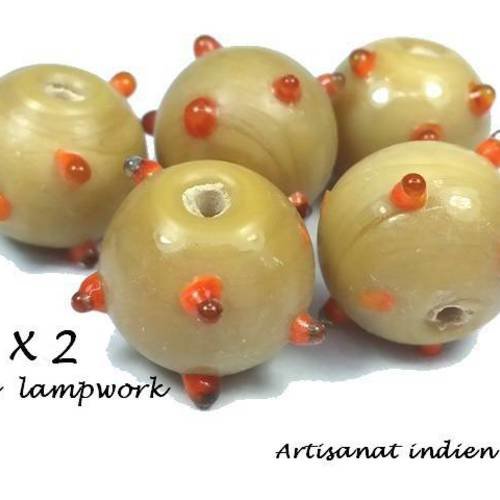 2 perles lampwork beige/orange, artisanat indien, 15mm (pv528) 