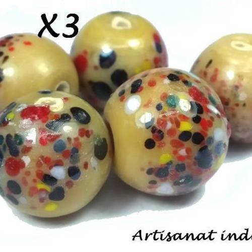 3 perles lampwork beige moucheté, artisanat indien, 15mm (pv527) 