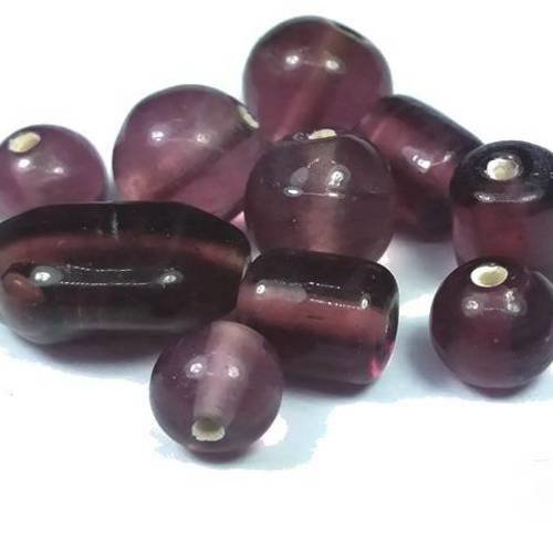 Prune : 10 perles 9 à 20mm en verre, formes variées, artisanat indien (pv524) 