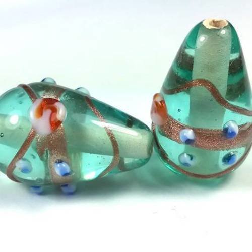 Bleu : 2 perles gouttes en verre et aventurine, artisanat indien, 14x22mm (pv523) 