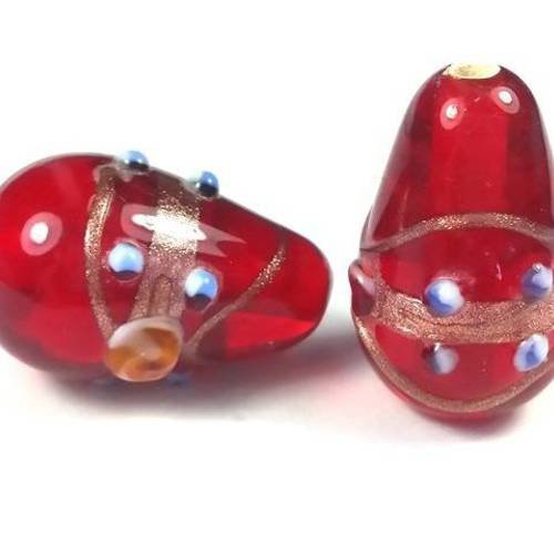 Rouge: 2 grandes perles gouttes en verre et aventurine, artisanat indien, 14x22mm (pv521) 