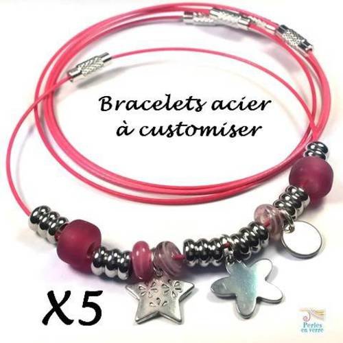 Rose: 5 bracelets acier à customiser, câble acier gainé fermoir à vis (bra19) 