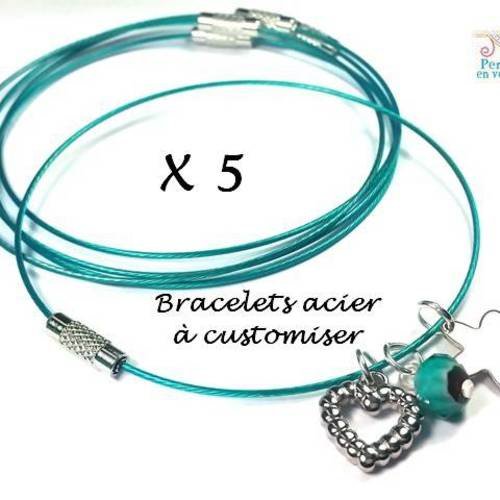 Turquoise: 5 bracelets acier à customiser, câble acier gainé fermoir à vis (bra18) 
