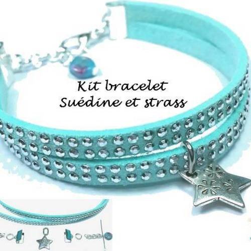Bleu: 1 kit bracelet strass, suédine et breloque étoile, bijou diy! (kit81) 