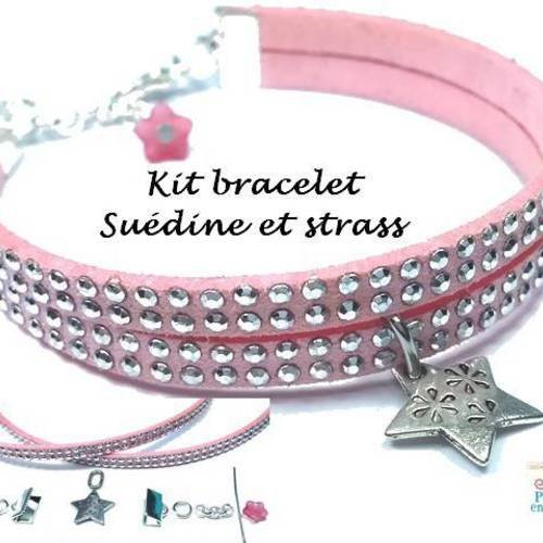 Rose: 1 kit bracelet strass, suédine et breloque étoile, bijou diy! (kit80) 