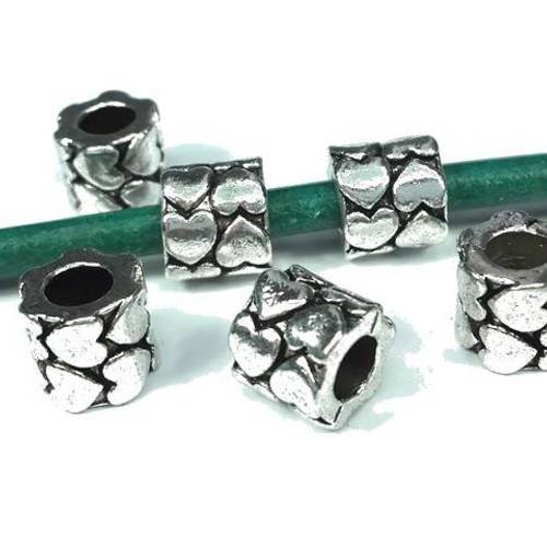 10 perles tubes coeurs, métal argenté sans nickel 9x8mm trou 4.5mm(pm174) 