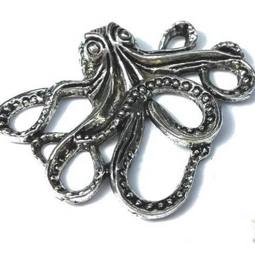1 pendentif  pieuvre poulpe octopus 35x43mm métal argenté sans nickel (bre390) 