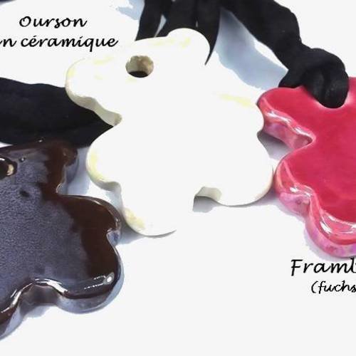 1 pendentif ourson en céramique framboise/fuchsia, 25x26mm (pc128) 