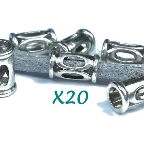 20 perles tubes en métal argenté ajouré, sans nickel 10x6mm (pm173) 