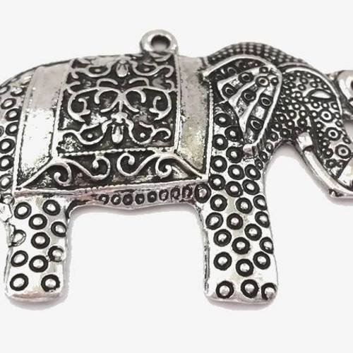 1 grand pendentif éléphant ethnique 38x49mm, métal argenté sans nickel (bre383) 