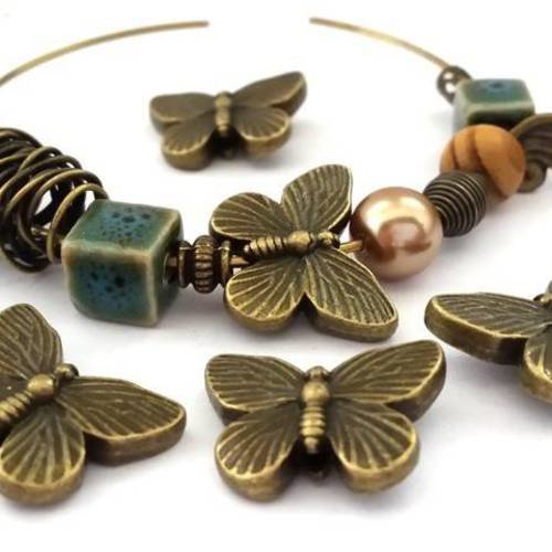 5 perles papillons coloris bronze, sans nickel, 14x18mm (pm162) 