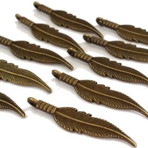 10 breloques plumes coloris bronze, sans nickel, 6x32mm (bre337) 