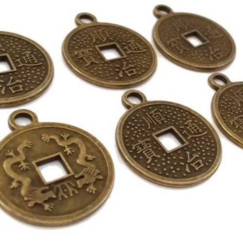 10 breloques pièces chinoises porte-bonheur, bronze sans nickel 19mm (bre334) 