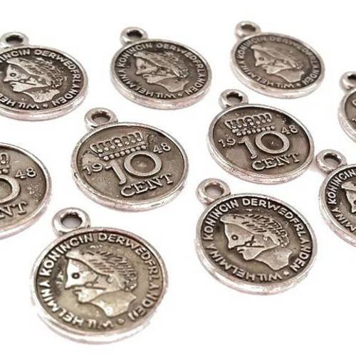 10 breloques pièces de monnaie en métal argenté sans nickel, 15x18mm (bre327) 