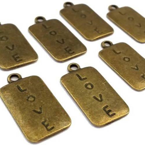 10 grandes breloques rectangulaires love , coloris bronze, sans nickel, 13x25mm (bre303) 