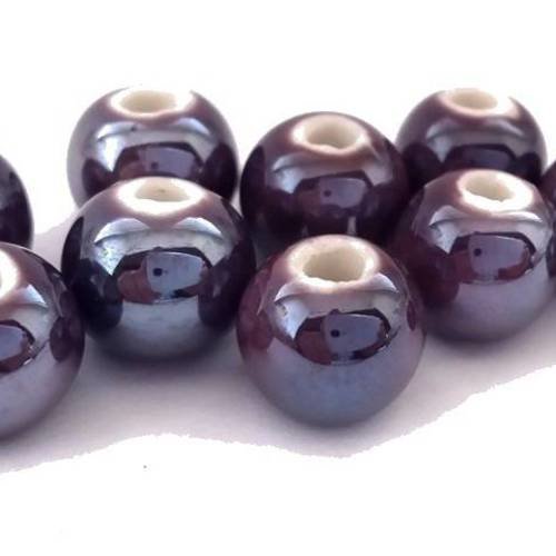 Violet foncé: 10 perles en céramique émaillée  8.5mm (pc121) 