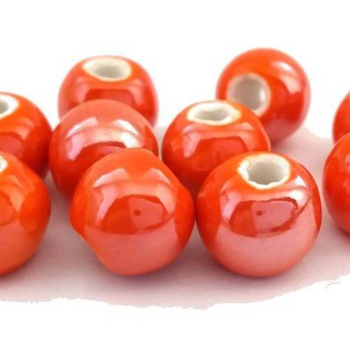 Orange: 10 perles en céramique émaillée  8 à 9mm (pc117) 