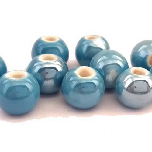 Bleu: 10 perles en céramique émaillée  9mm (pc114) 
