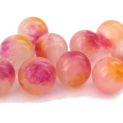 10 perles de jade 10mm, bicolores, tons rose/orangé (pg108) 