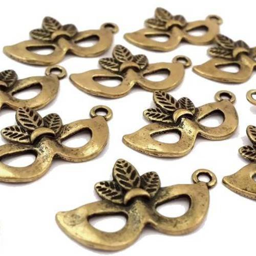 10 breloques masques vénitiens métal doré or antique, sans nickel, 15x25mm, (bre295) 