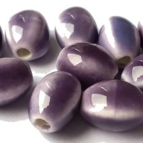 10 perles olives en céramique, coloris violet, 9x12mm (pc108) 