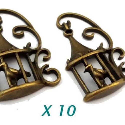 10 breloques/pendentifs sans nickel, cage et oiseau bronze, 6x21x35mm (bre292) 