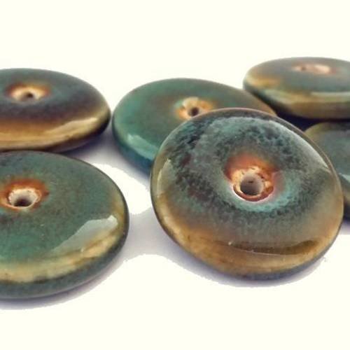5 disques/donuts en céramique bleu-gris moucheté brun, diamètre 22mm (pc104) 
