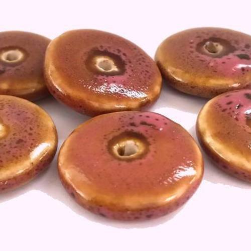5 disques/donuts en céramique rose moucheté brun, diamètre 22mm (pc112) 