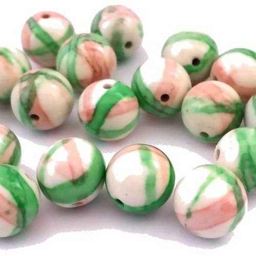 10 perles de jade 10mm, vert et rose (pg92) 