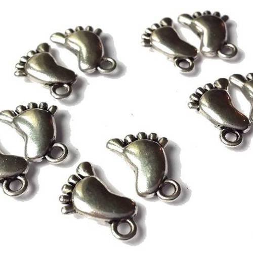10 breloques petits pieds de bébé, métal argenté sans nickel, 9x15mm (bre284) 