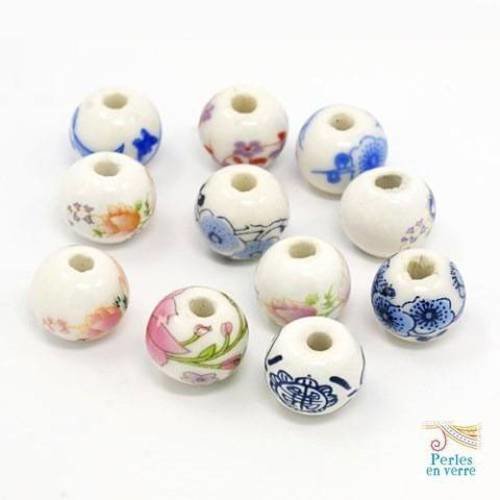 10 perles en porcelaine motifs inspiration chine, couleurs mélangées,12mm (pc74) 
